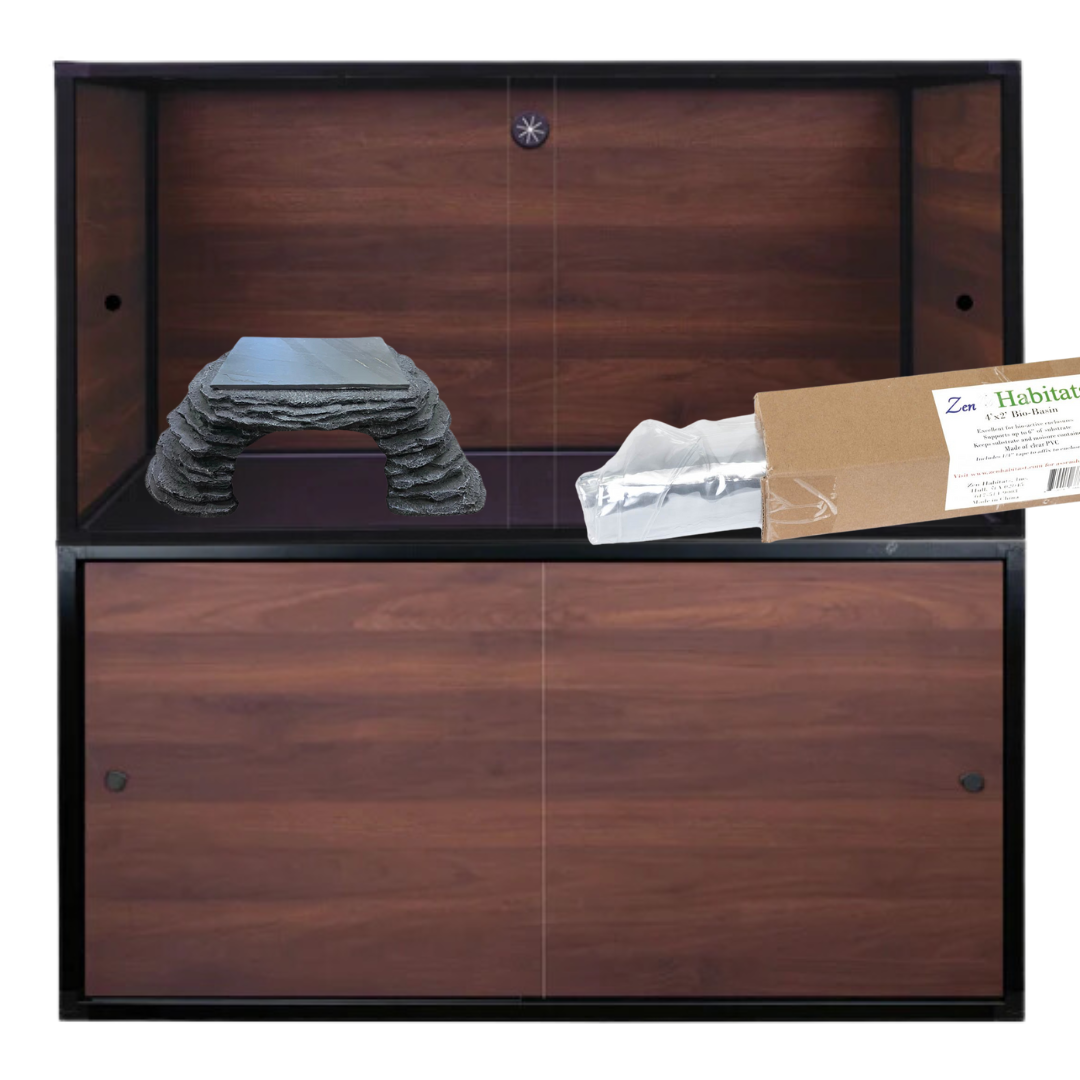 Naturalistic/Bio-Active Bundle: 4'x2'x2' Reptile Enclosure + Cabinet Stand + Bio-Basin + Zen Cave